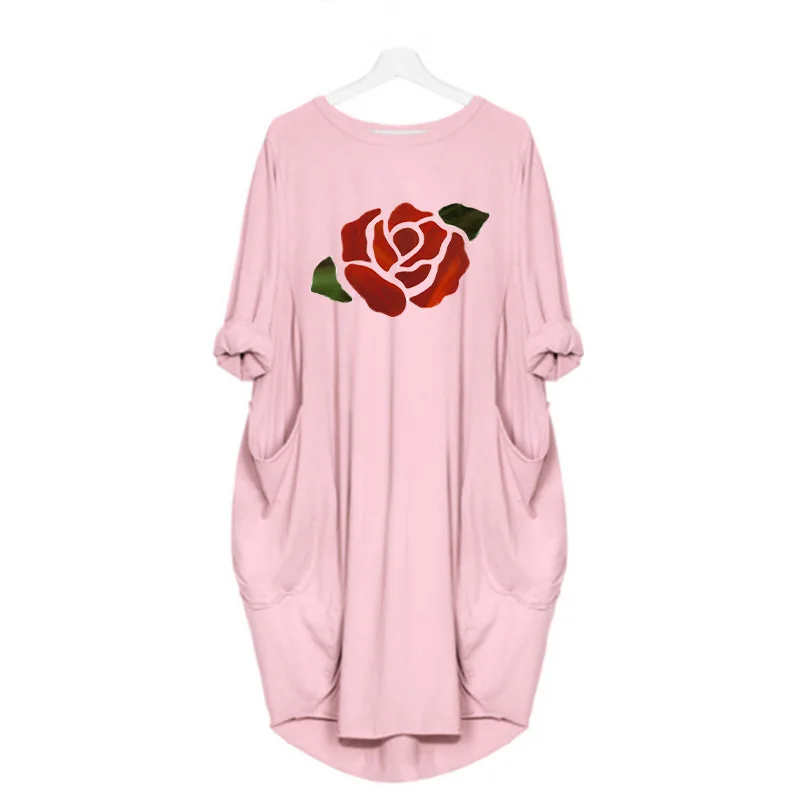 

New Vogue Women Dress Vintage Rose Print Women Clothing Autumn Long Sleeve Knee-length Dress For Women Casual Loose Dress