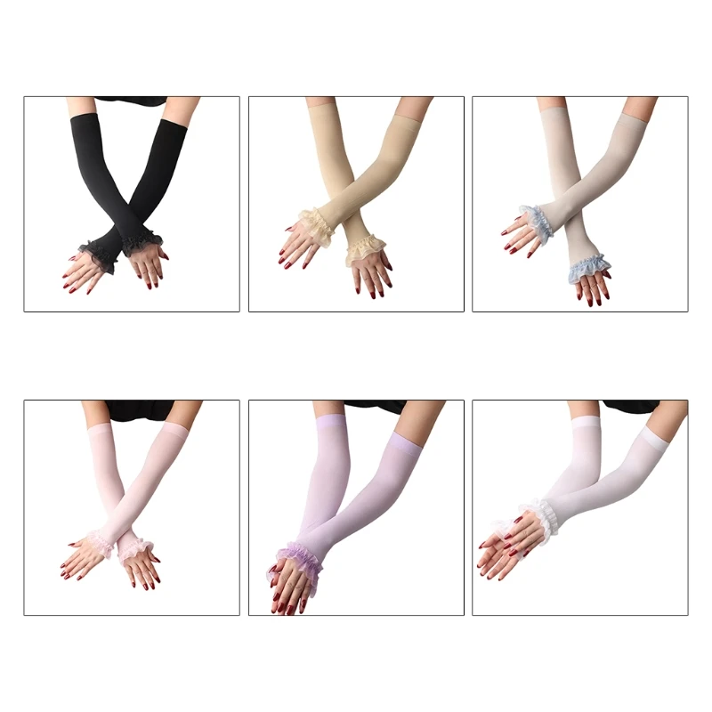 

Women UV Protection Fingerless Driving Gloves Ruffles Lace Mesh Patchwork Arm Warmers Sleeves Sunscreen Solid Scar Cover