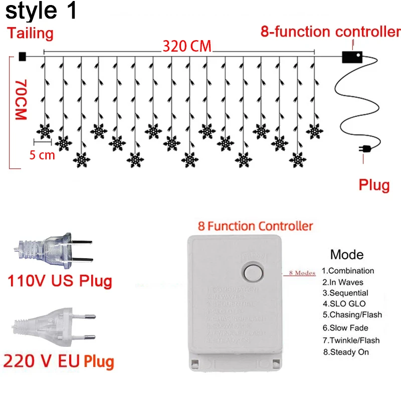 

2021 3.2m Christmas Decoration Curtain Snowflake LED String Lights Flashing Lights Curtain Light Waterproof Outdoor Party Lights