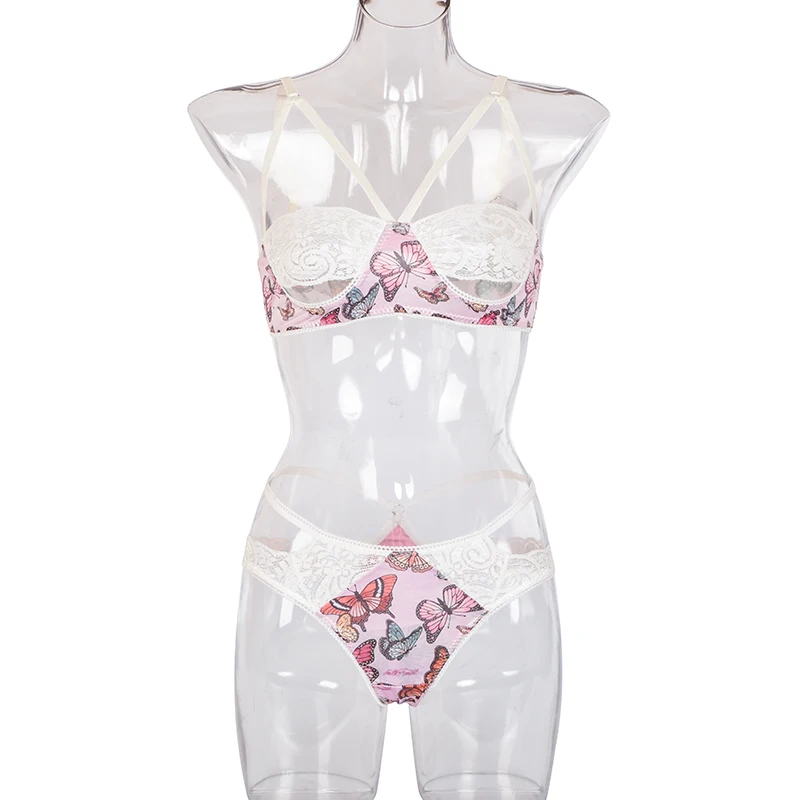 

2020 Women's 2 Piece Lingerie Set Sexy Floral Butterfly Print Cut Out Strap Lace Bra + Panty Set Nightwear