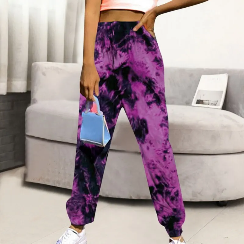 

Women Mid-Waist Joggers Trousers Tie Dye Printed Sweatpants Casual Loose Sports Wear Female Drawstring Side Pockets Leggings