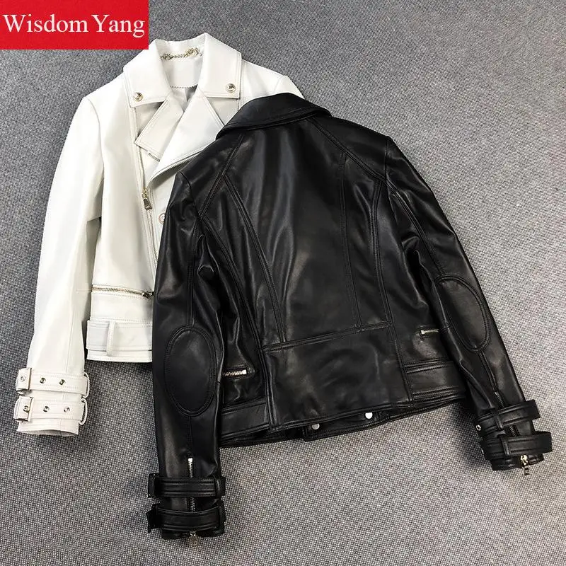 Genuine Sheepskin Leather Short Jackets Coat Womens Autumn Black White Khaki Biker Coat Moto Zipper Ladies Streetwear Outerwear