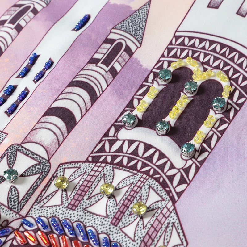 

New Runway Designer Dress Summer Women Elegant Castle design Diamonds Beading Printed Loose Dress