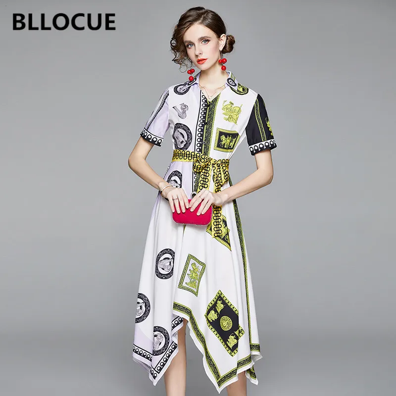 

Женское платье с коротким рукавом BLLOCUE, летнее модельное асимметричное платье с винтажным принтом, облегающее плиссированное платье с пояс...