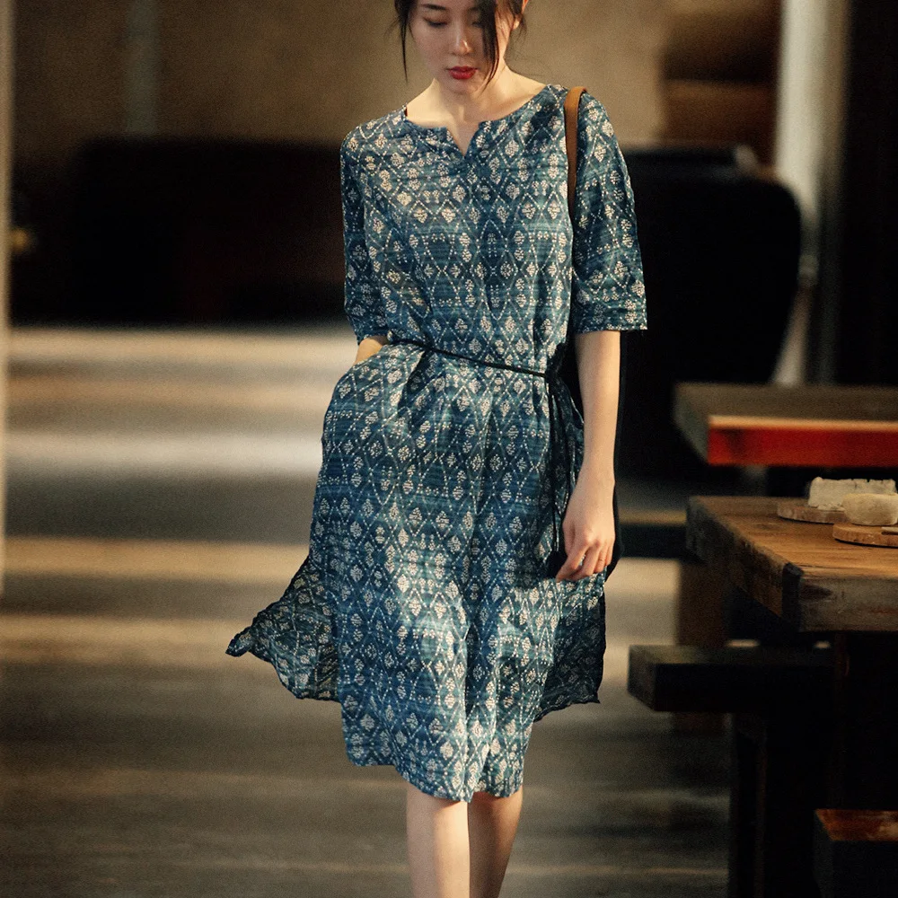 

2020 summer Women Original Artistic Retro Summer Blooming Printing Pure Ramie Slim Split Three-Quarter Sleeve Dress for Women