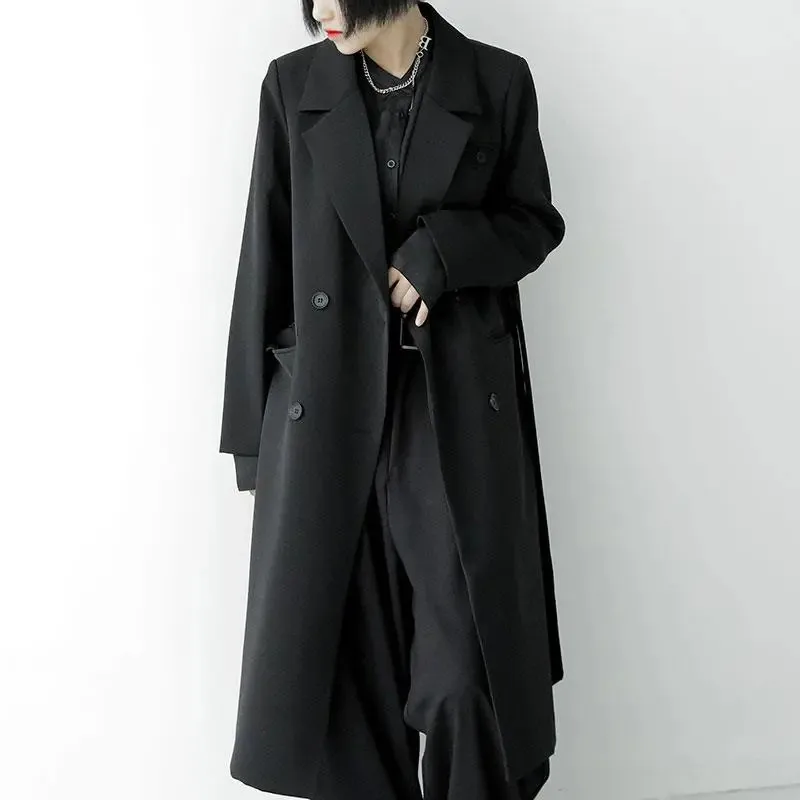 

Women Trench Coat Spring Autumn New Solid Color Lapel Double-breasted Long Sleeve Lace-up Temperament Long Suit Windbreaker 468