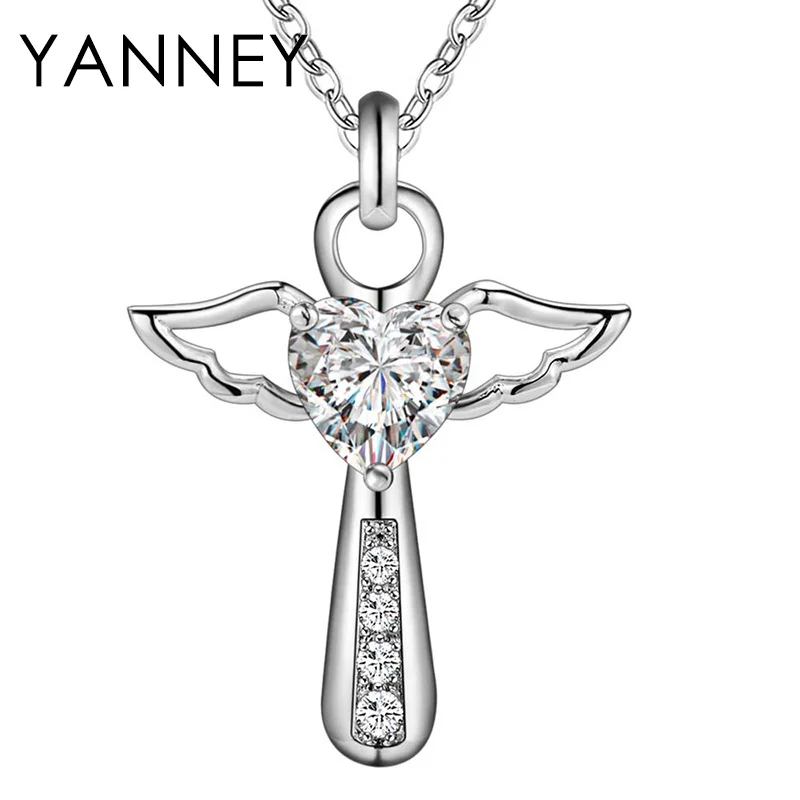 

YANNEY 925 Silver Purple/White Heart Zircon Pendant Cross Necklace For Women Fashion Wedding Jewelry Gifts
