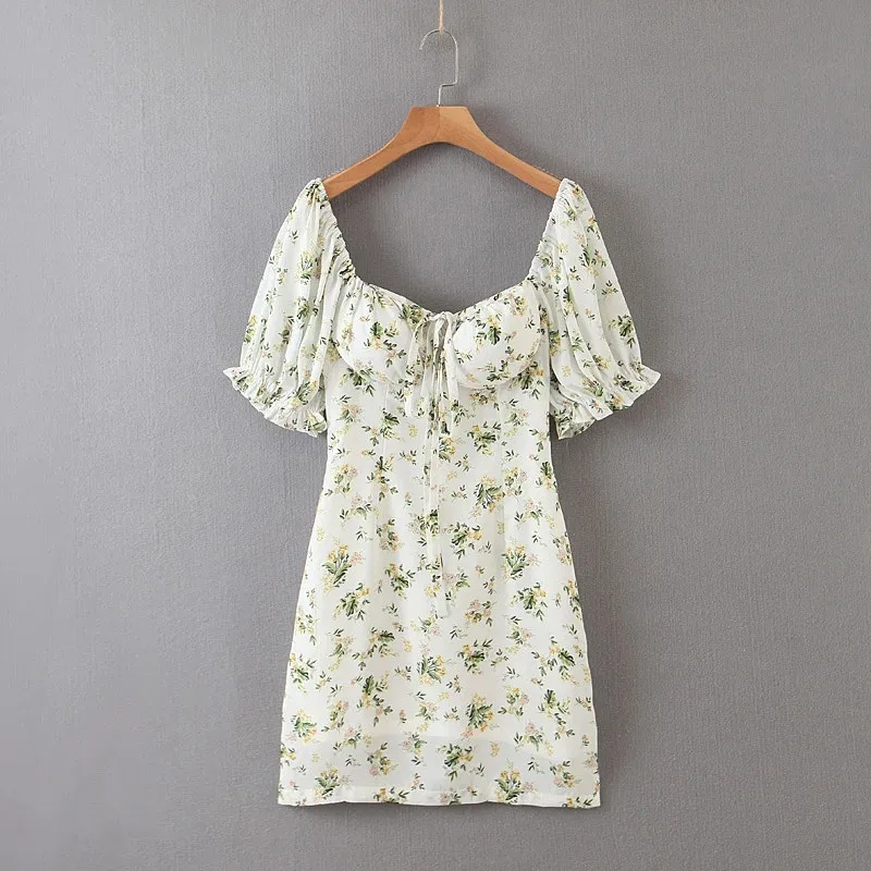 

floral print summer vintage chic lady square collar slim lace up elastic bust mini dresses 2020 fashion french style women dress