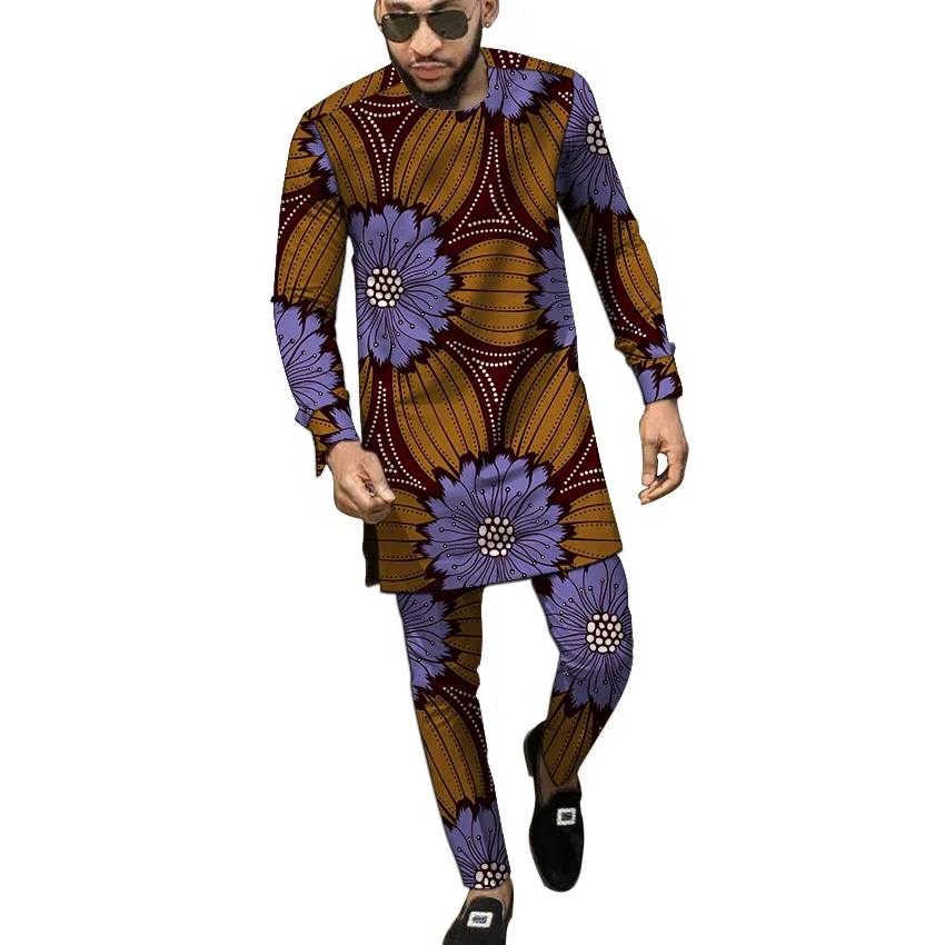 

African Print Long Sleeve Men Shirt With Pant Sets Dashiki Tops+Trousers Custom Made Men's Outfits For African Groom Suits