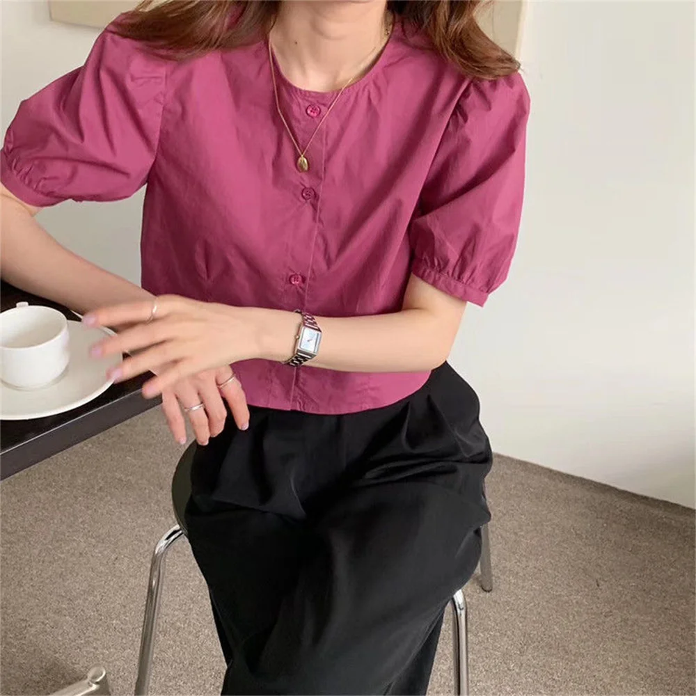 

2021 Retro Streetwear Elegance Tops All Match Summer Solid OL Lady Sweet Femme Gentle Casual Short Women Korean Thin Shirts