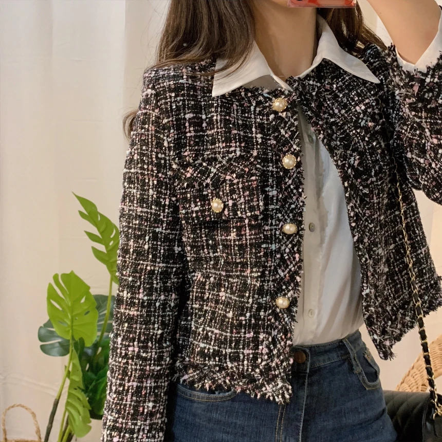 

ZAWFL Autumn Winter Tweed Jackets Women O-Neck Long Sleeve Loose Wool Coat Single Breasted Outwear Vintage Harajuku