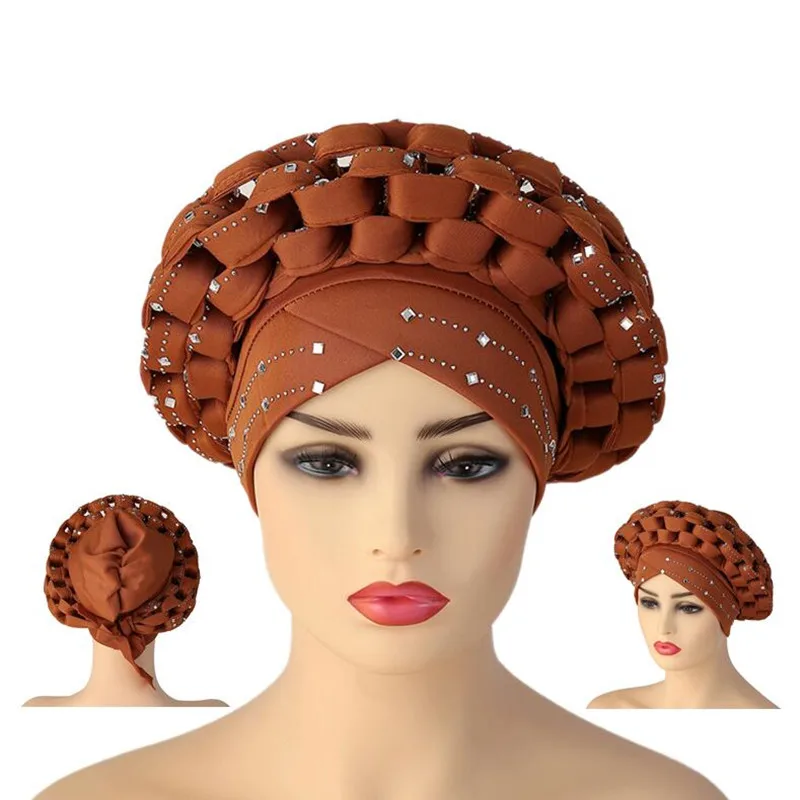 

African Cotton Auto Gele Turban Hats Headtie Nigerian Wedding Muslim Headdress Woman Inner Caps Accessories With Stones Hot 1pcs