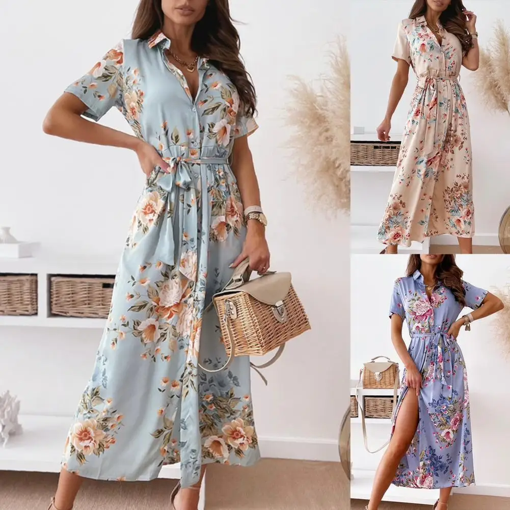 

Women Lapel Dress Elegant Floral Print High Waist Loose Dress Daily Wear