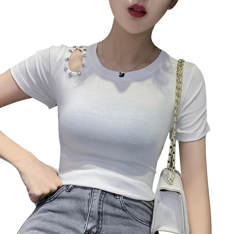 

Off-the-Shoulder Short-Sleeved T-shirt for Women 2021 Summer New Slim-Fit Slimming White Bottoming Design Sense Niche Top Trendy