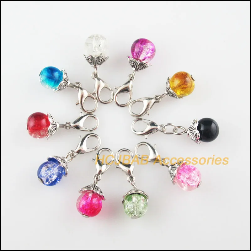 

20 New Flower 8mm Charms Mixed Ball Glass Tibetan Silver Tone Retro With Lobster Claw Clasps