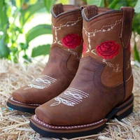 2021 new women shoes fashion all match handmade brown pu square toe thick heel embroidery wear resistant wide boots ks440