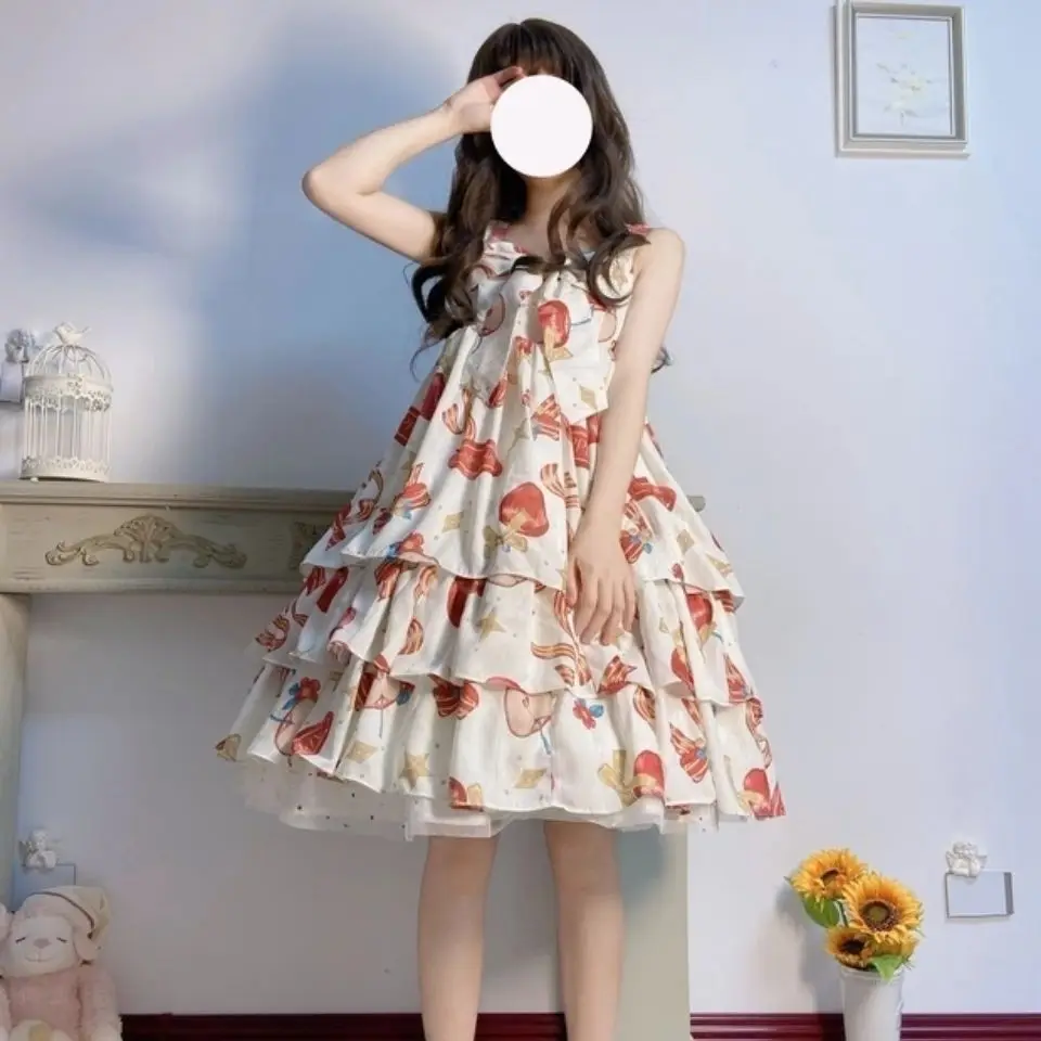 

Японское милое платье Jsk Lolita, женское винтажное красное яблоко, готическое, белое/Черное, без рукавов, с бантом, кружевное платье принцессы д...