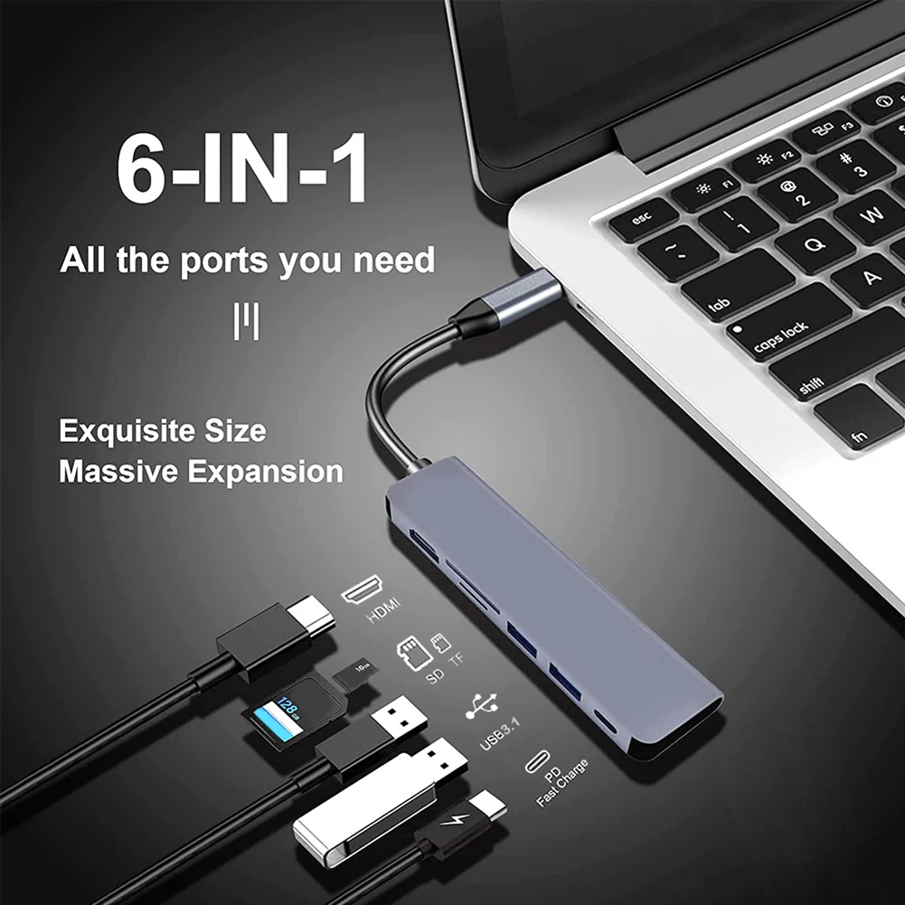 

USB-концентратор 6 в 1, 4K, 30 Гц, Type C на HDMI, совместимый с USB 3,1, адаптер PD, устройство для чтения SD/TF-карт, док-станция для MacBook Pro Air Access