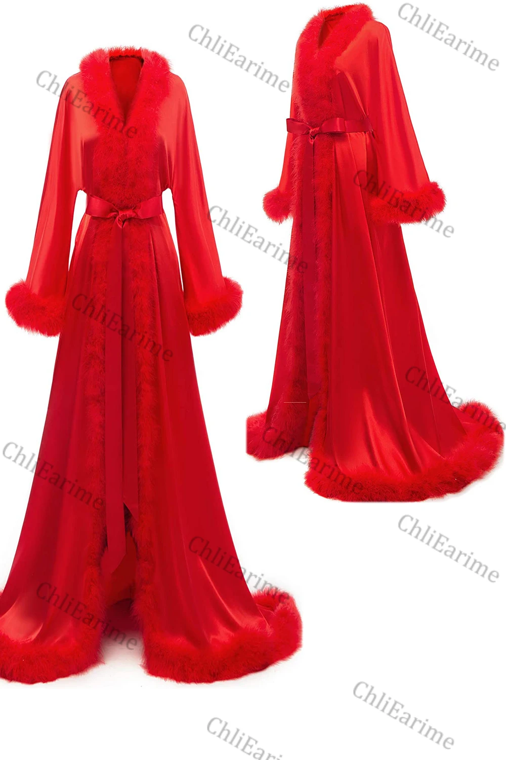 Womens Feather Bridal Robe Luxury Fur Trim Silk Satin Lingerie Dressing Gown Nightgown Long Wedding Scarf images - 6