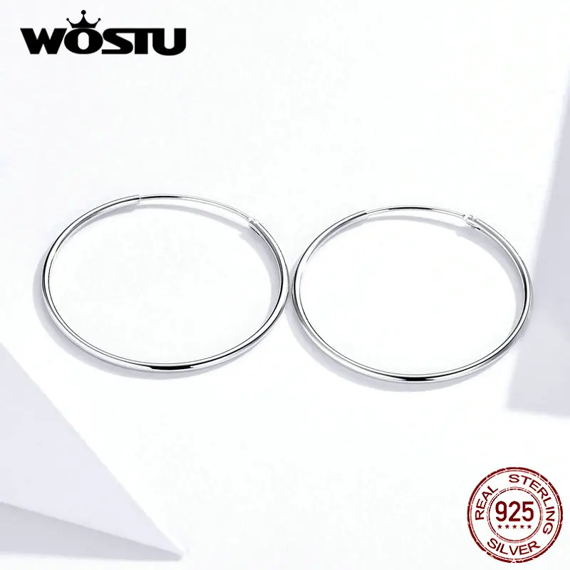WOSTU 925 пробы Серебряный Большой круг обруч серьги минималистичные простые круглые серьги для женщин модные вечерние ювелирные изделия DXE710