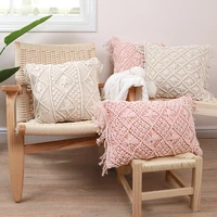 boho style cushion cover pink hand made woven pillow cover tassels home decoration macrame pillow case sofa bed 30x50cm45x45cm