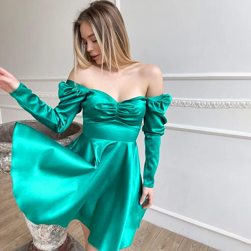 

Autumn Winter Woman Dress Fashion Long Sleeve Pure Color Fold Falbala Strapless, Luster V-Neck Irregular Elegant Female Skirt