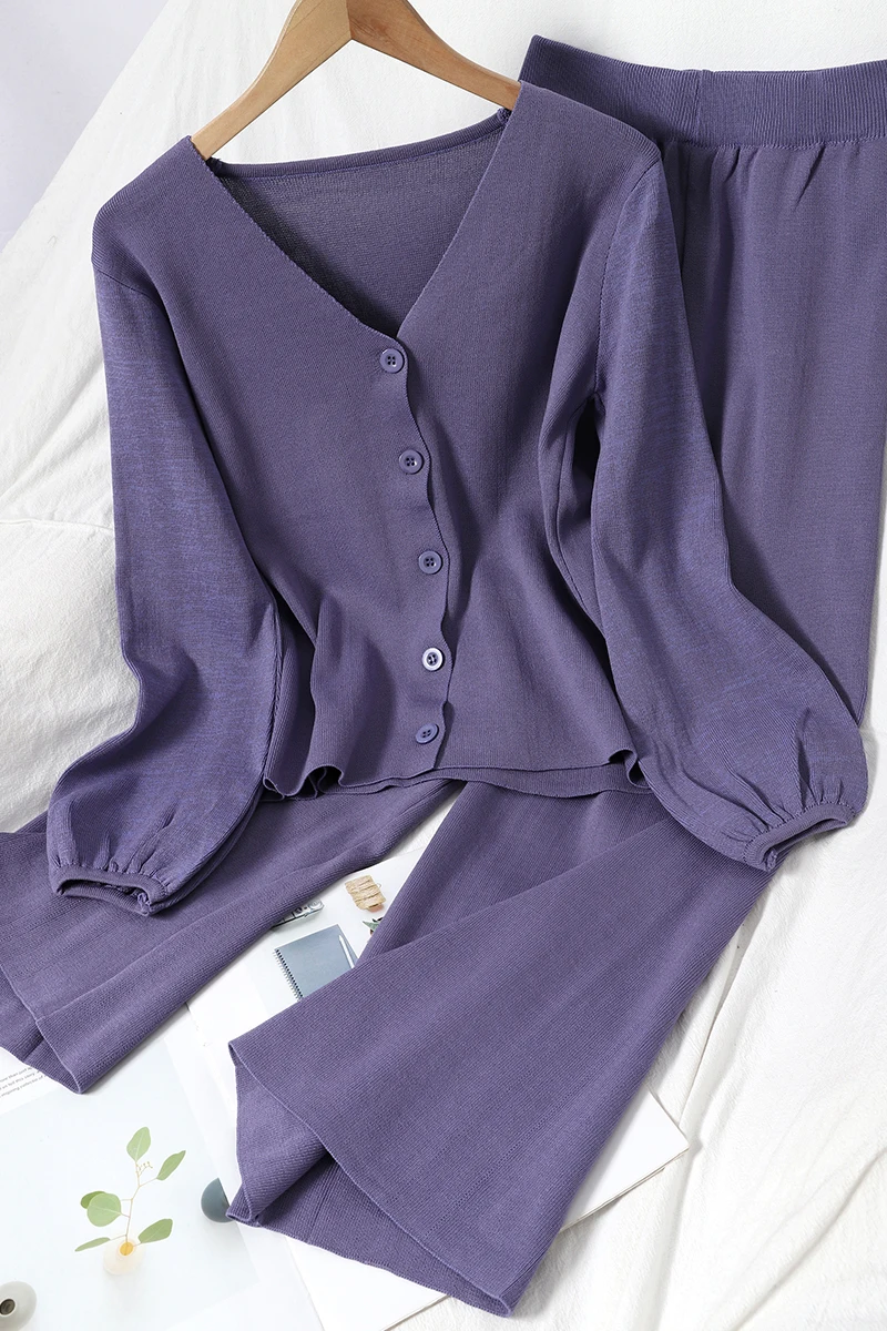 

2021 Spring Autumn Breasted V-neck Versatile Solid Top Slimming Loose Cropped Wide-Leg Pants Knitted Two-Piece Female Fashion