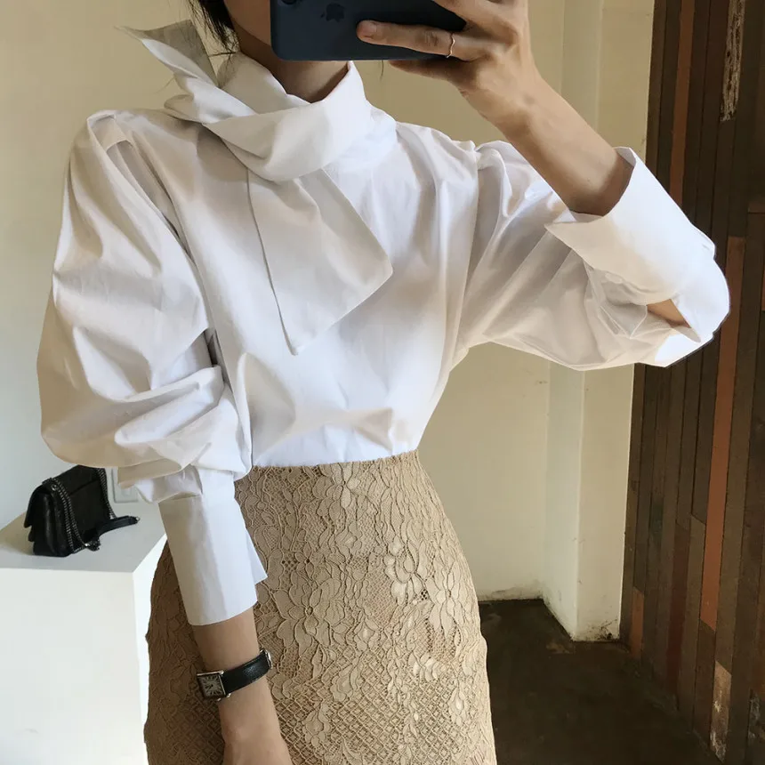 

HziriP OL Elegant Bow Collar White Shirt Women New Spring Autumn Formal Work Wear Solid Blouses Loose OL Puff Sleeve Female Tops