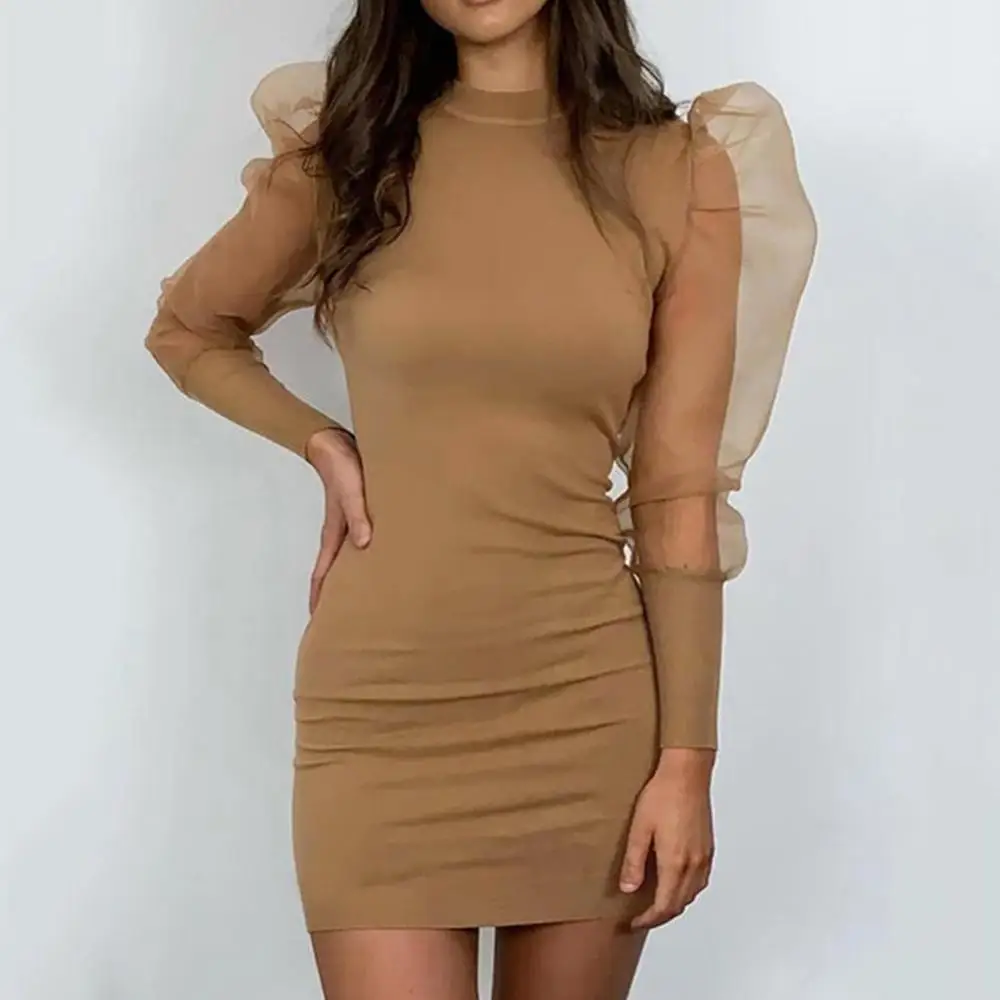 

HOT SALES!!! Sexy Women O Neck Stitching Mesh Long Puff Sleeve Mini Bodycon Party Club Dress Slim dress women sexy party dress