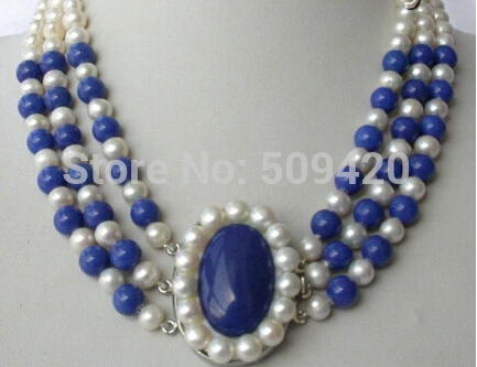 free shipping &gt&gt&gtclassic 3rows 8mm round white freshwater pearl blue Lapis lazuli necklace e | Necklace