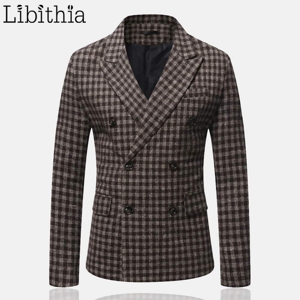 

Men Casual Double Breasted Blazers Plaid Autumn Standard Type Size M-3XL Black Brown R200