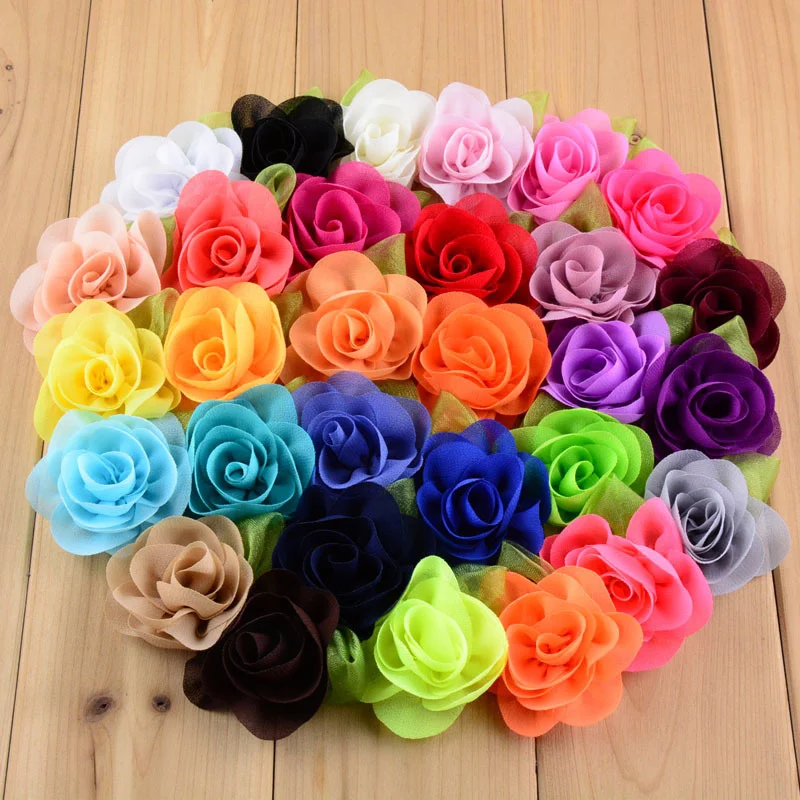 

100pcs/lot 6cm Small Chiffon Flower with Green Leaf Girl Cute Flower Hairpin DIY Wedding Dress Decoration Artificial Flowers