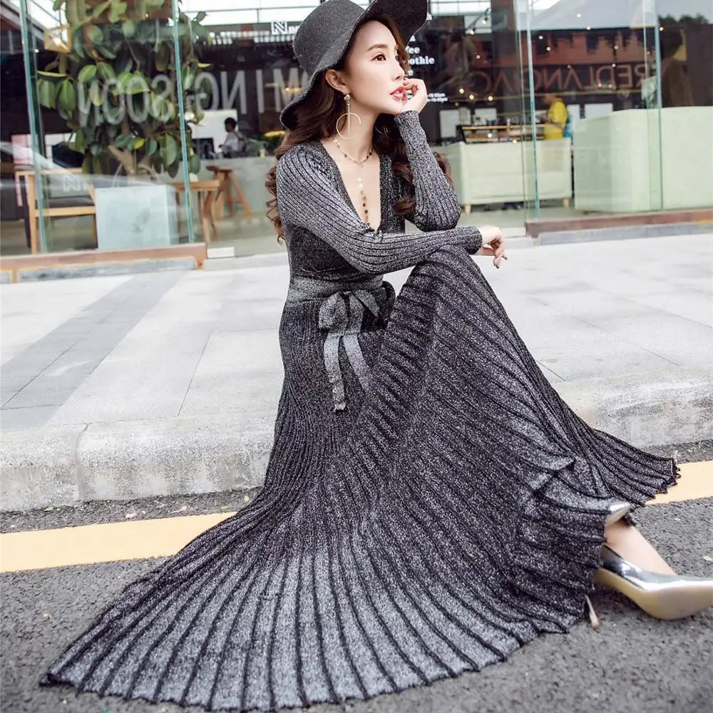 

Luxury Long Pleated Women Runway Winter Party Maxi Dress Shiny Long Sleeve Deep V Neck Sashes Celebrity Party Dresses Vestidos