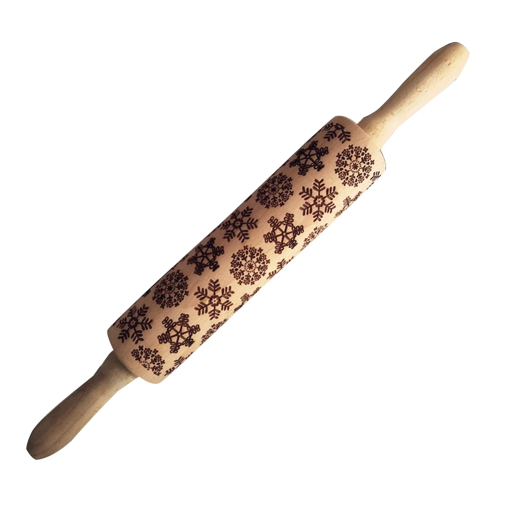 

39cm Beech Snowflake Laser Engraving Embossing Rolling Pin Printing Cookie Dough Stick Creative Sugar Turning Tool