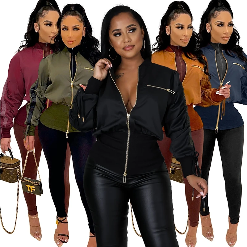 

Green Bomber Jacket Women Cropped Coat Jacket Autumn Winter Long Sleeve Waterproof Zipper Slim Jackets Fashion Streetwear