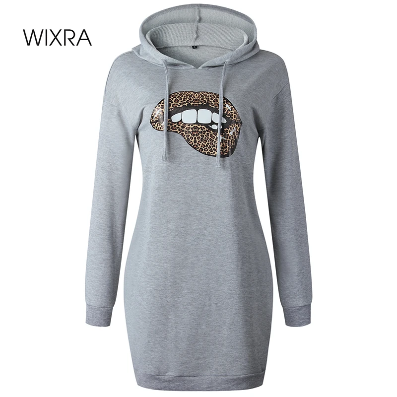 

Wixra Womens Dress Hooded Long Sleeve Leopard Lips Print Short Dresses Casual Straight Dresses Summer Autumn