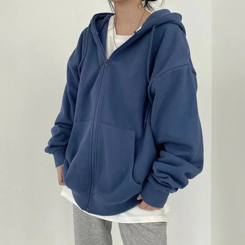Winter Casual Streetwear Solid Loose Oversized hoodie Harajuku Soft cotton Warm Thin Zipper Y2K Women sweetshirts All-match Top
