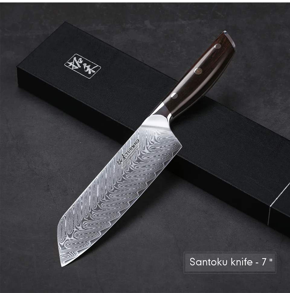 TURWHO 7 дюймов Santoku кухонные ножи 67 слоев дамасской стали шеф-повара нож дело с мясом овощи красный сандаловое дерево ручка