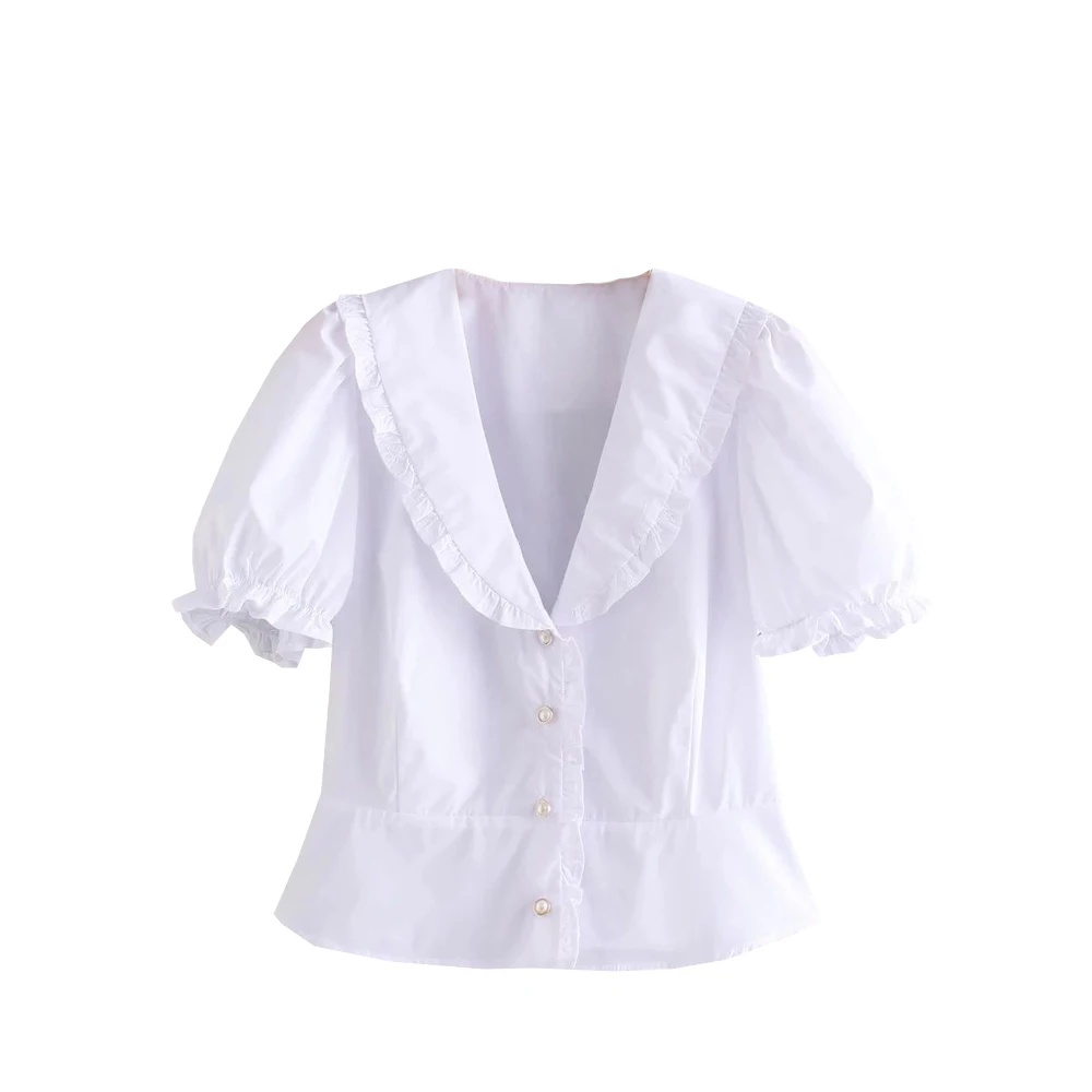 

ZA 2021 summer Women new white Lace shirt Sweet short puff sleeve top Lady turndown Collar Single breasted kawaii Blouse Mujer