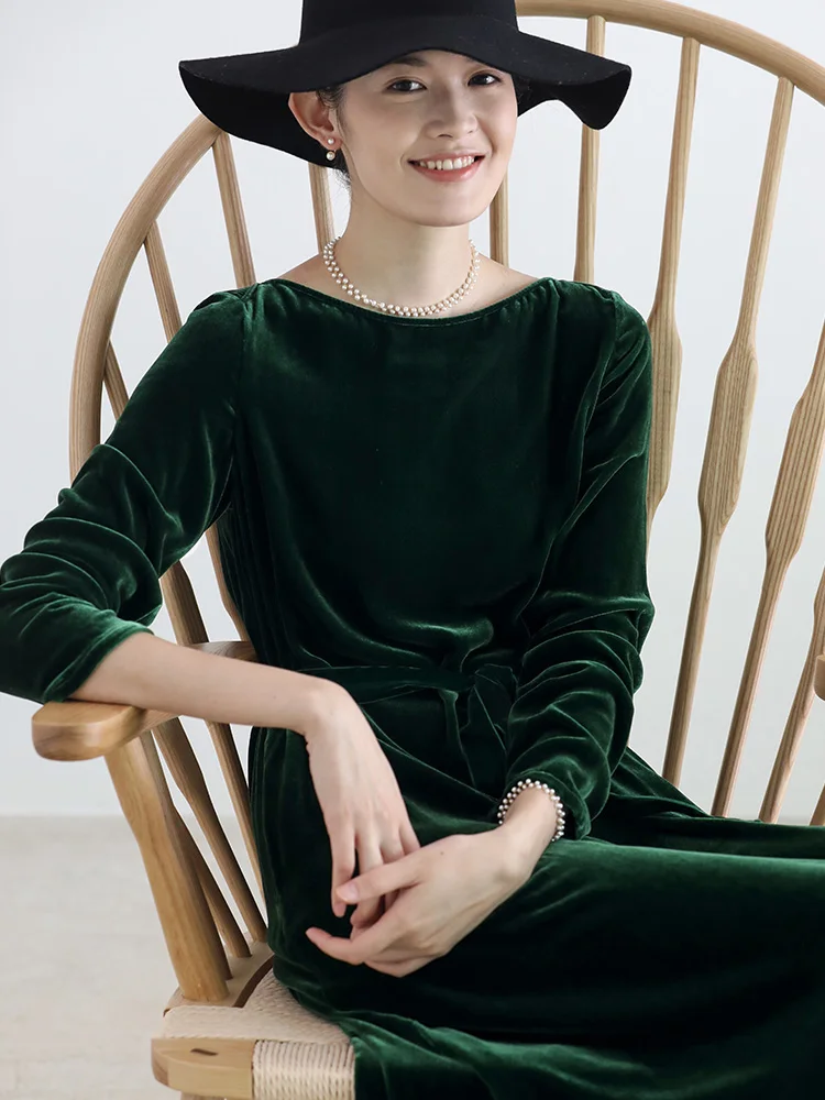 Женское вельветовое платье Lautaro Длинное Зеленое Повседневное с длинным рукавом и