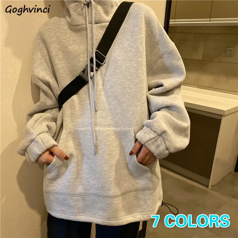 

7 Colors Hoodies Womens Solid Front Pocket Elestic Waist Harajuku Women Basic Simple Hoodie Thick Oversize Plus Velvet Daily New