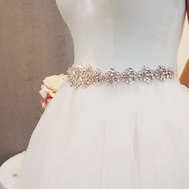 Женский атласный пояс с кристаллами SLBRIDAL цвета розового золота для вечернего