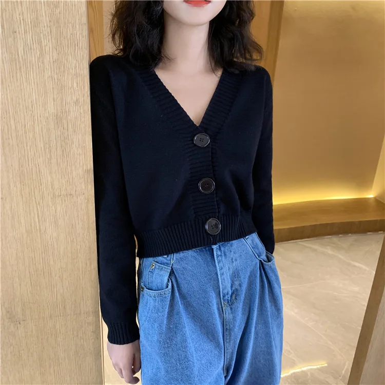 Осень 2019 вязаный красный черный кардиган женский на пуговицах v-образный вырез
