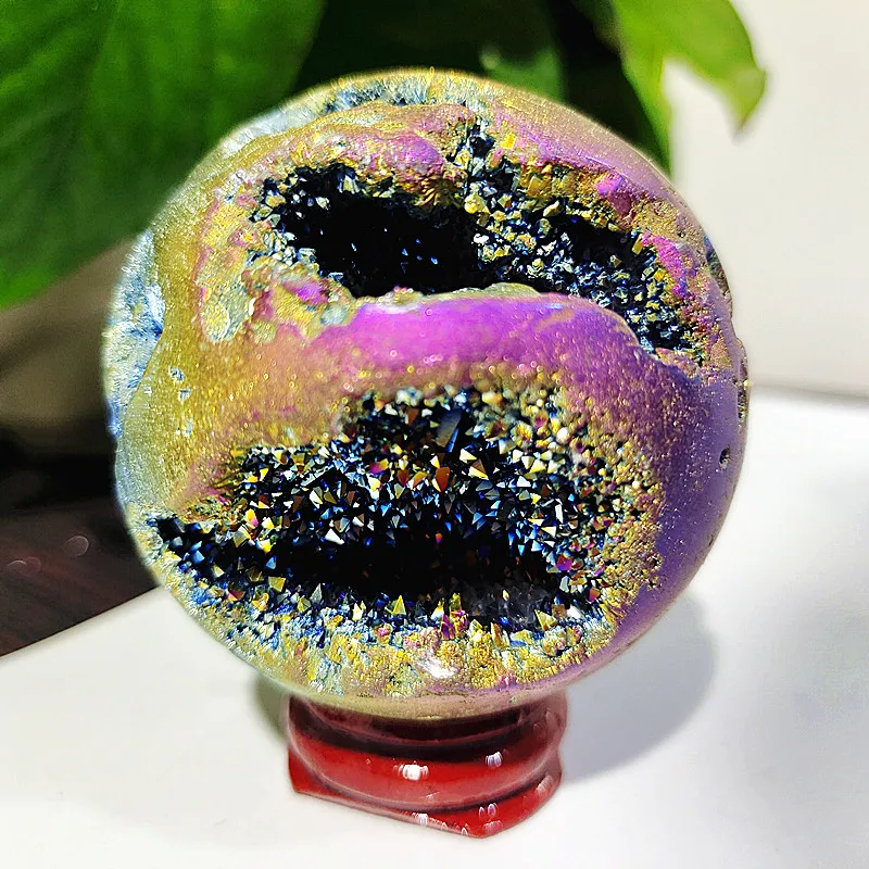 

60mm Natural Stone Plating Color Beehive Agate Crystal Ball Geode Druzy Sphere Home Room Decor Feng Shui Chakra Healing Crystals