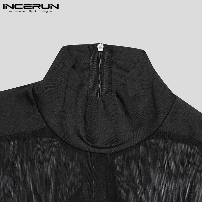 INCERUN Comfortable Homewear Men's Sexy Leisure Short Turtleneck Solid Color Splicing Breathable Mesh Sleeveless Bodysuit S-5XL