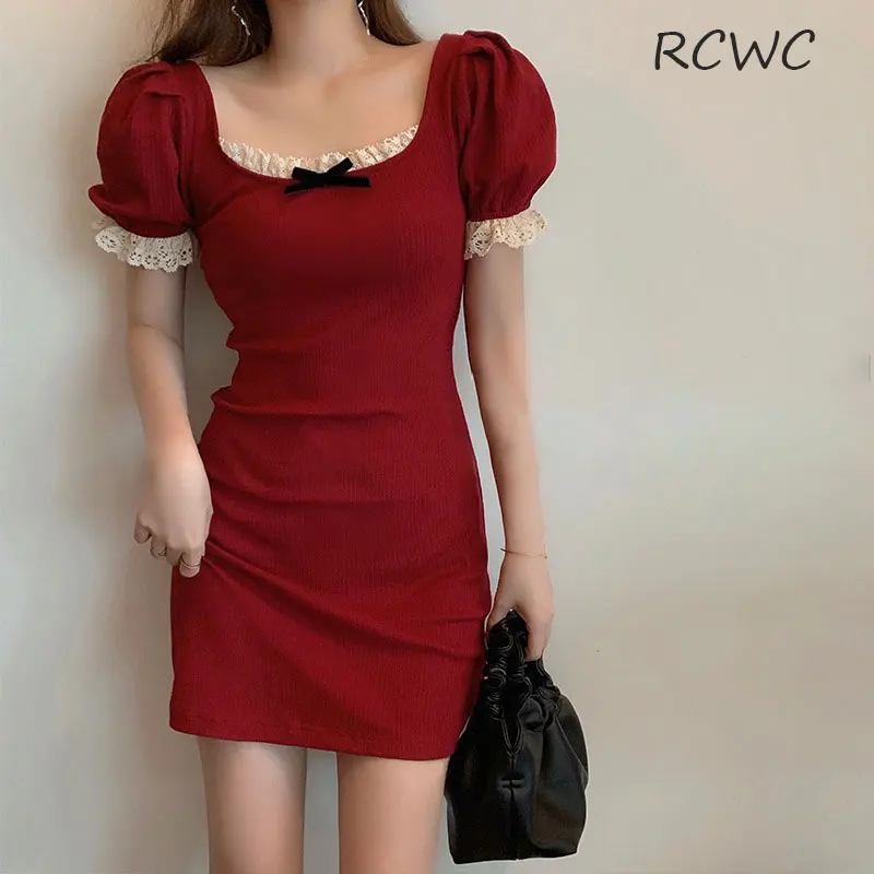 

RCWC 2021 Summer Sexy Lace Side Waist Slimming Square Neck Knitted Slim Dress Women's Clothes Black Suspender Sleeveless Tights