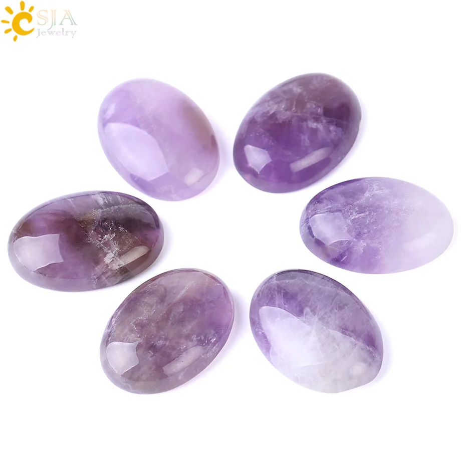 CSJA 1PC Natural Stone Purple Crystal Beads 4 Sizes for Choice Oval Quartz Reiki Accessories Fit DIY Rings Bracelet Pendant F506