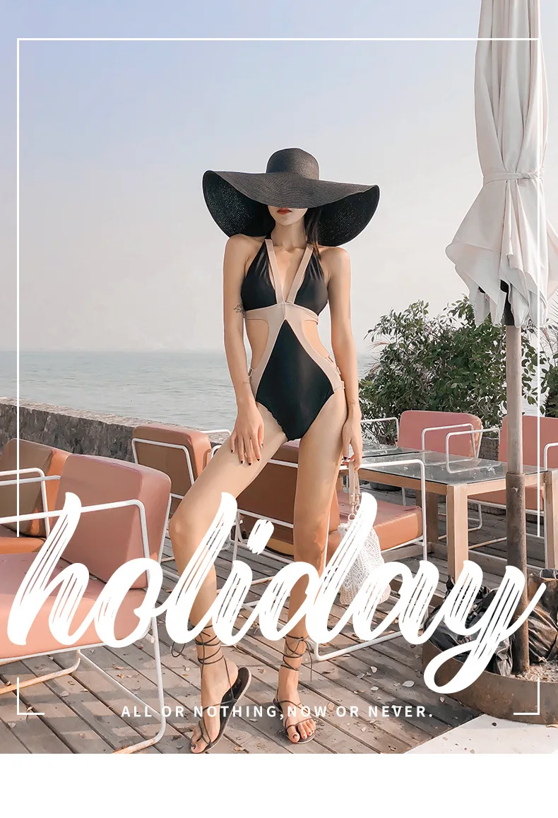 

European and American new sexy color matching triangle three-point bikini gathered big breasted one-piece halter swimsuit women