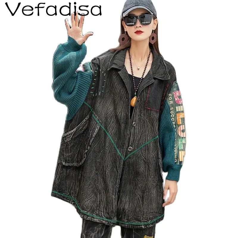 

Винтажный потертый джинсовый кардиган Vefadisa, пальто средней длины, Прошитый вязаный рукав, Свободное пальто, новинка 2022, женская одежда TT376