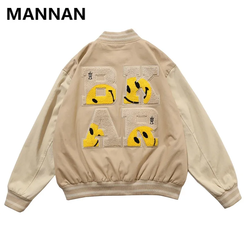 

2020 Winter Streetwear Casual Windbreaker Outwear Coat Casual Embroidery Smile Face Patchwork Striped Baseball Bomber Jackets